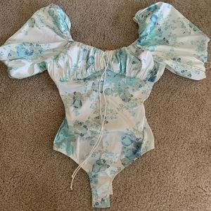 For Love And Lemons Blue Floral Bodysuit